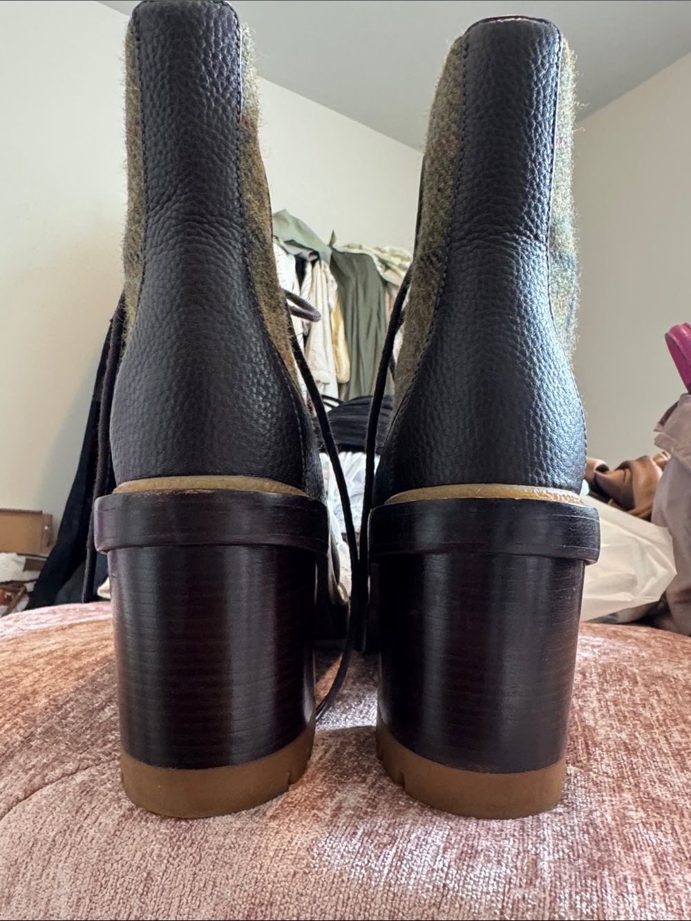 TORY BURCH Tweed Lace-Up Block Heel Ankle Boots - Olive Plaid - Picture 6 of 10